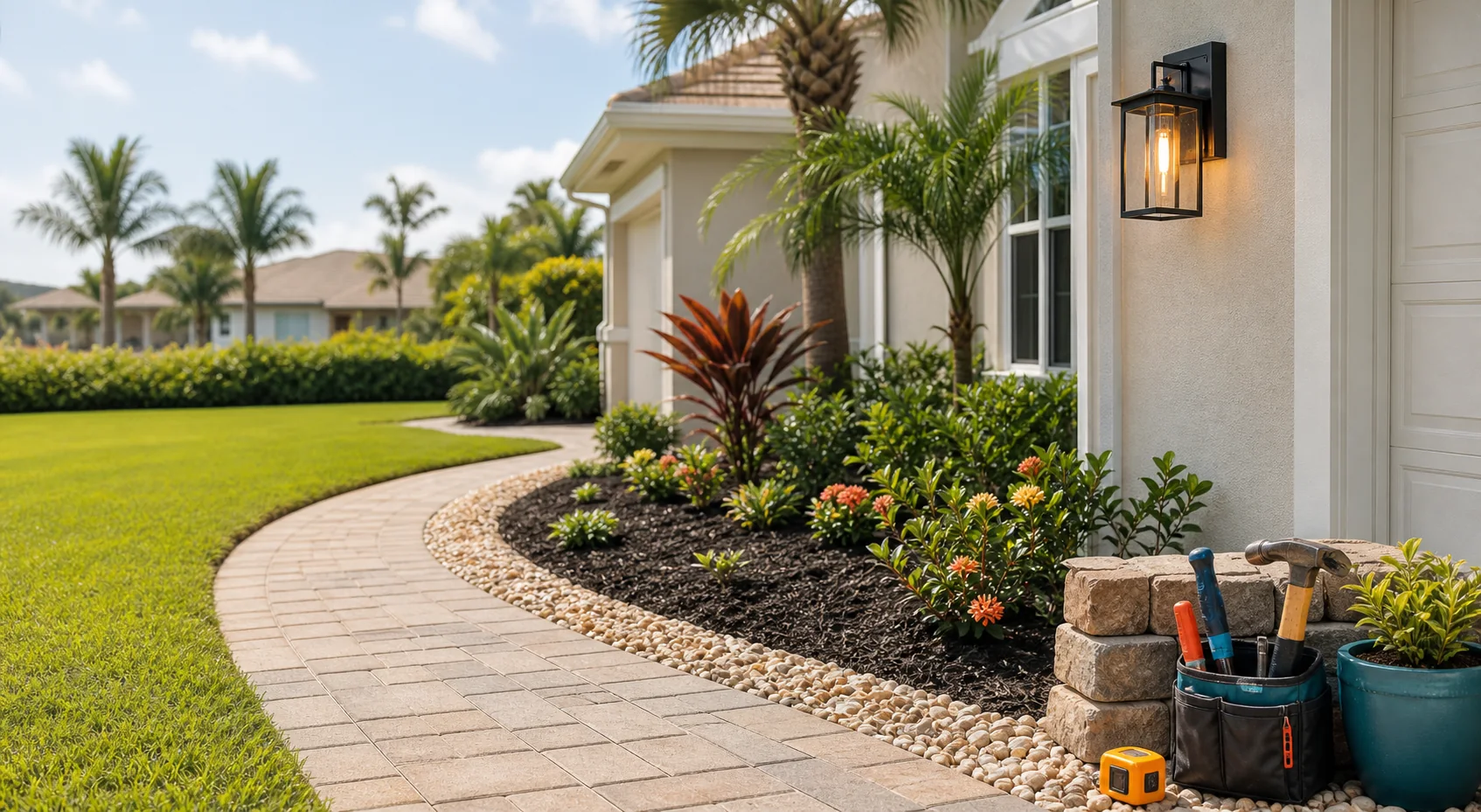 Fresh landscaping, a paver walkway, and handyman tools outside a home